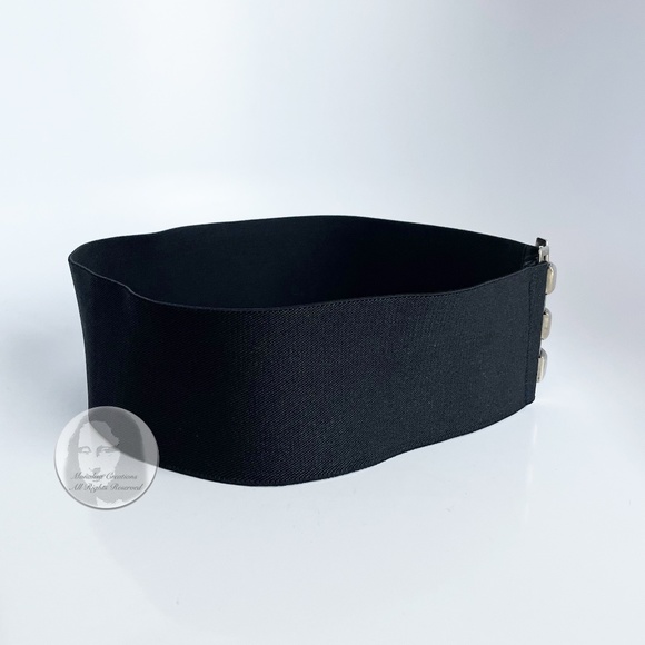 Wide Belt with Abstract Silver Metal Clasp Black Stretch Belt Strap Vintage main image 5
